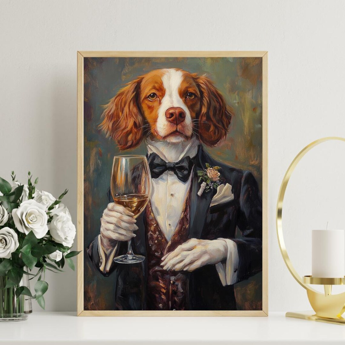 Brittany Spaniel In Tuxedo Dog Portrait Art Print - Image 3