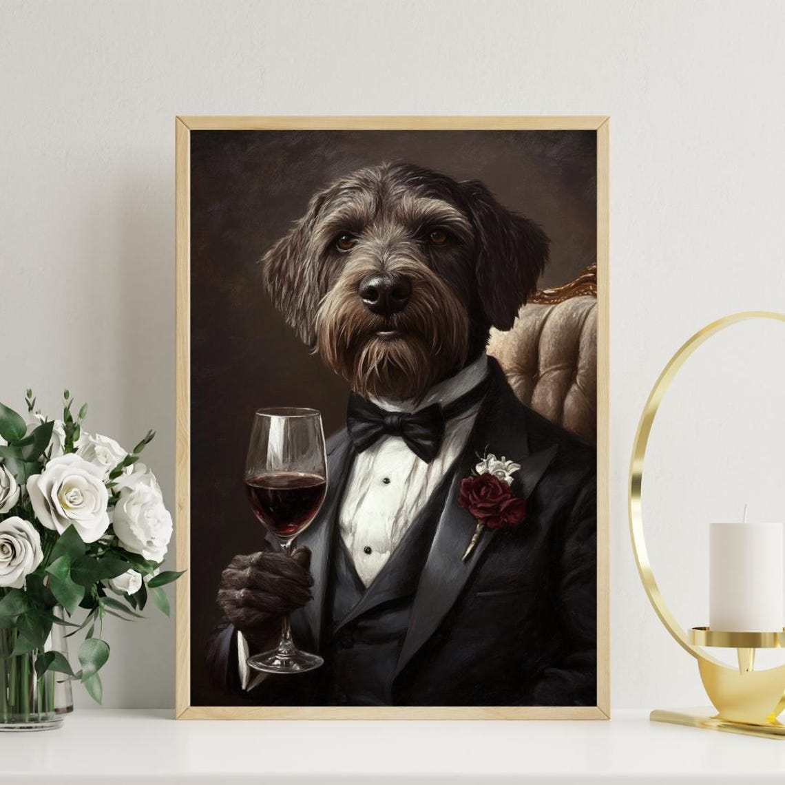Wirehaired Pointing Griffon In Tuxedo Holding Red Wine Portrait Poster - Image 3