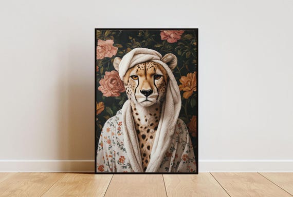 Cheetah In Bathrobe Poster Animal Poster Cheetah Bathroom Print Animal Wall Art Cheetah Portrait Animal Bathroom Poster Funny Cheetah
