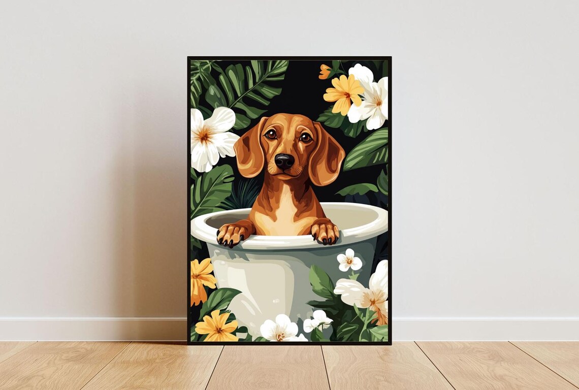 Dachshund in Bathtub Brown Puppy Bathroom Tropical Floral Art Poster