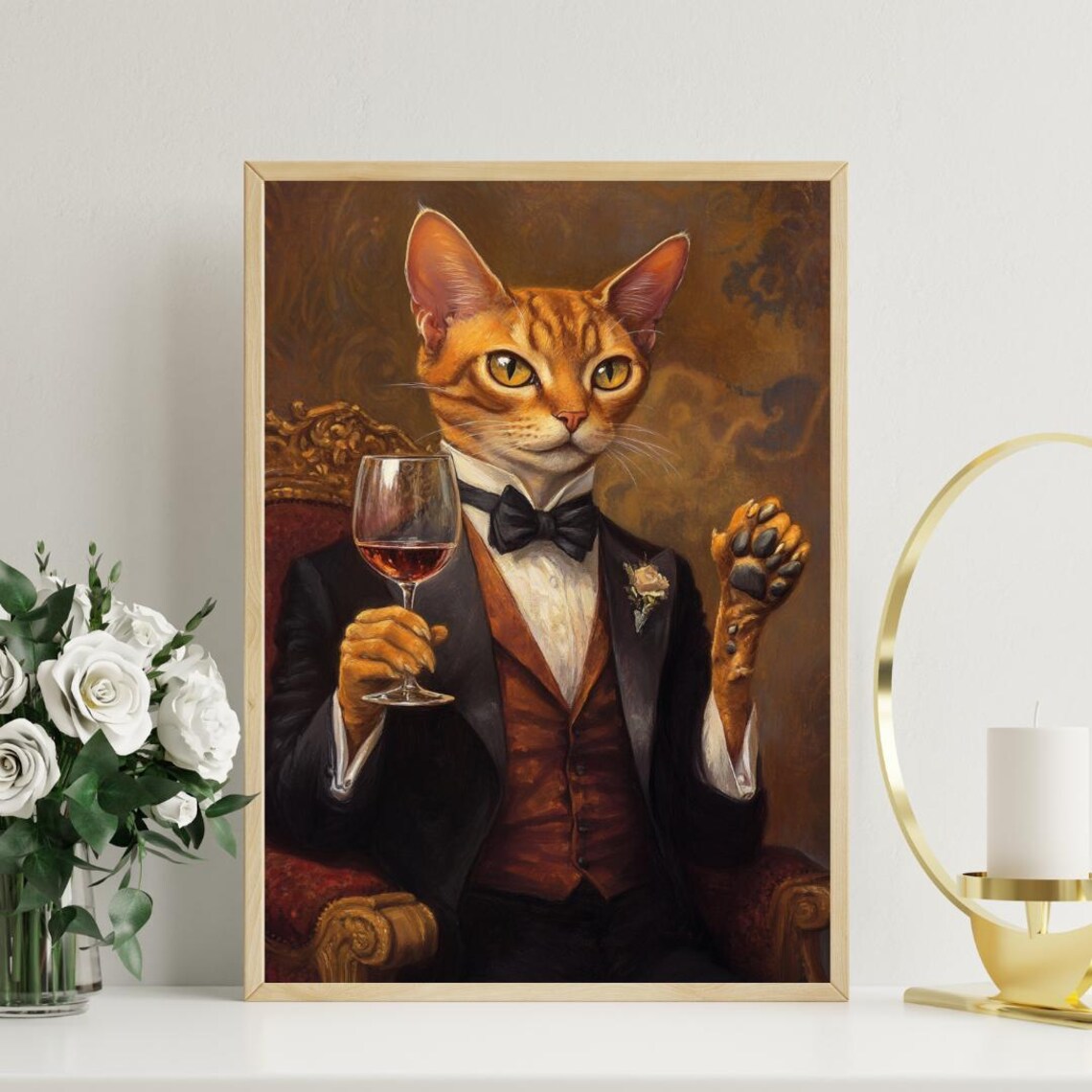 Abyssinian Cat In Tuxedo Holding Red Wine Black Bow Tie Portrait Poster - Image 3