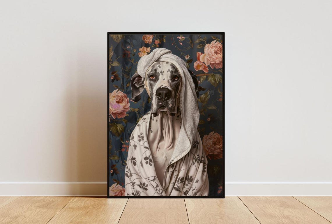 Spotted Great Dane Dog in Bathrobe Fun Bathroom Spa Day Art Poster