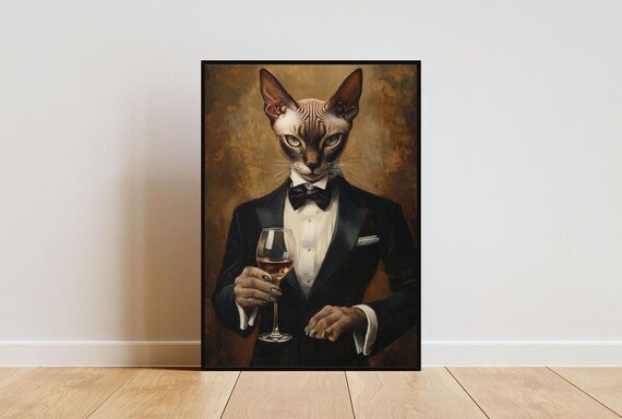Oriental Shorthair In Tuxedo Holding White Wine Glass Cat Portrait Poster