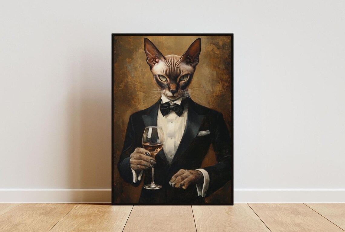Oriental Shorthair In Tuxedo Holding White Wine Glass Cat Portrait Poster