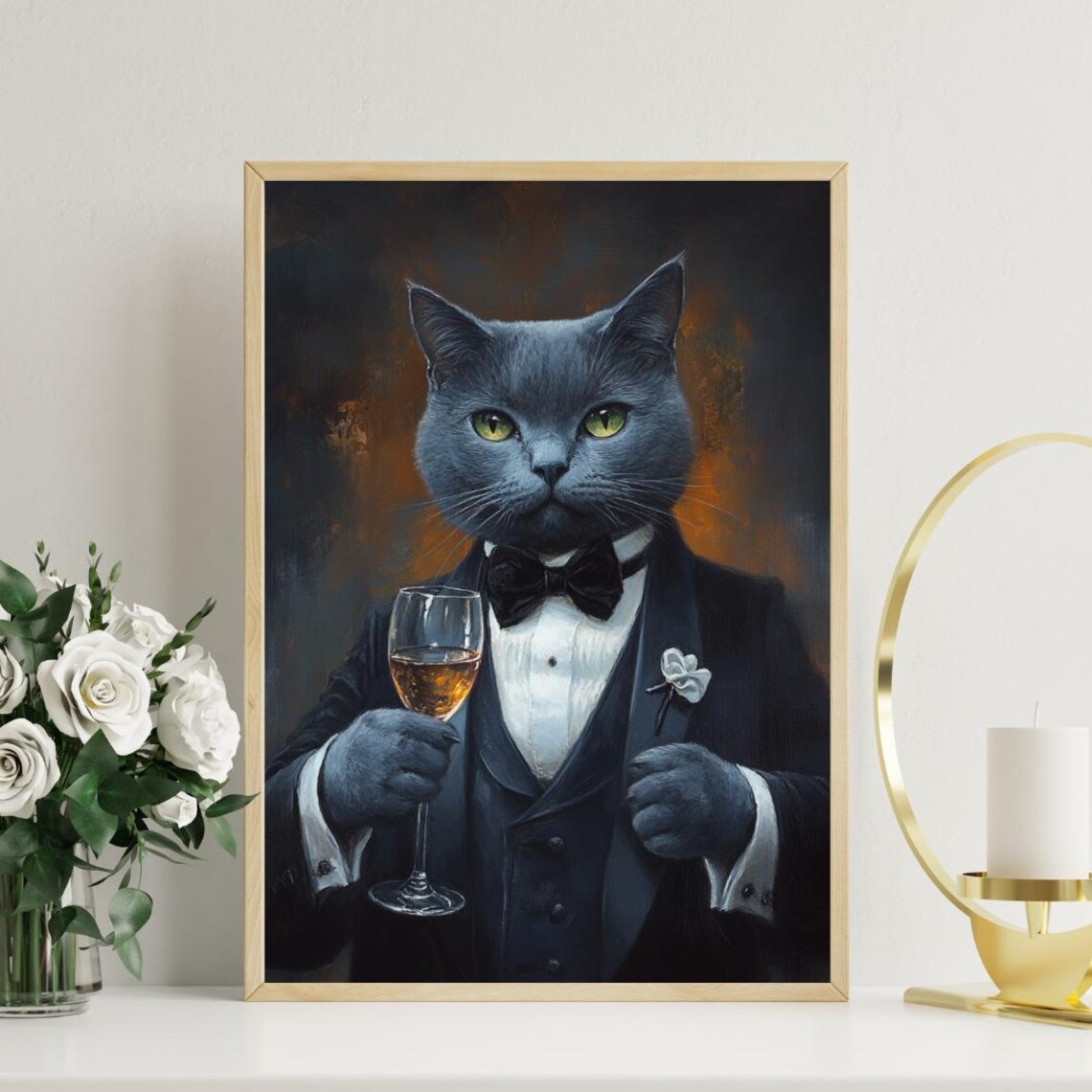 Russian Blue In Tuxedo Holding White Wine Glass Gray Cat Portrait Poster - Image 3