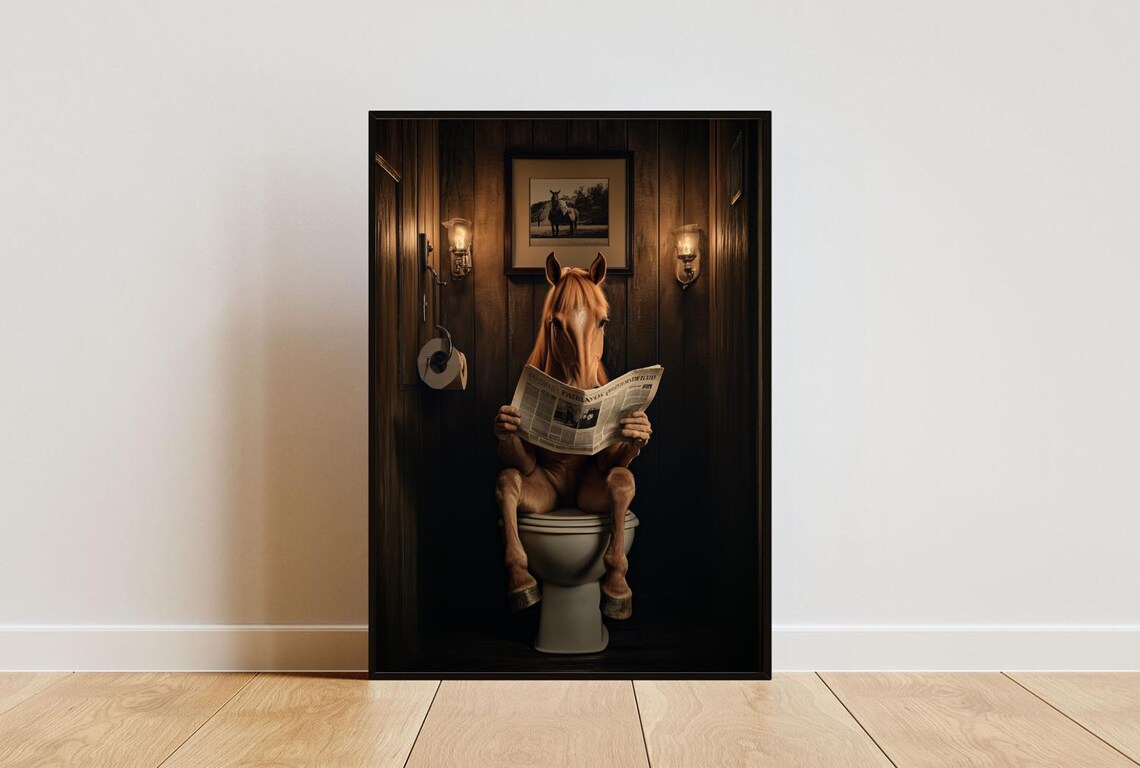 Horse on a Toilet Reading a Newspaper in a Vintage Bathroom Poster