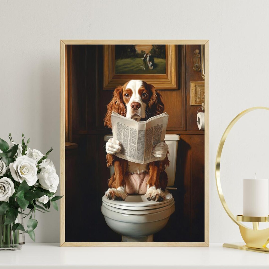 English Springer Spaniel On Toilet Reading Newspaper Bathroom Poster - Image 3