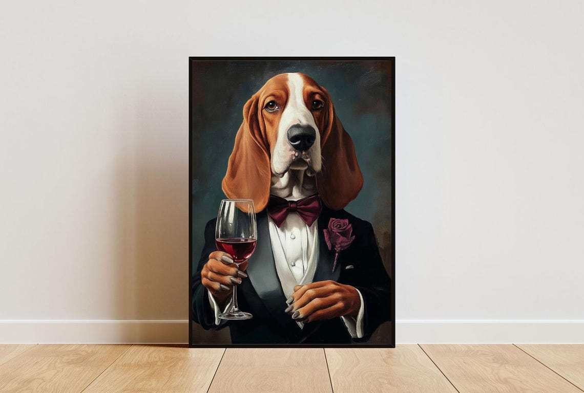 Basset Hound In Tuxedo Poster Pet Poster Basset Hound In Suit Print Dog Wall Art Basset Hound Portrait Pet Funny Basset Hound Art