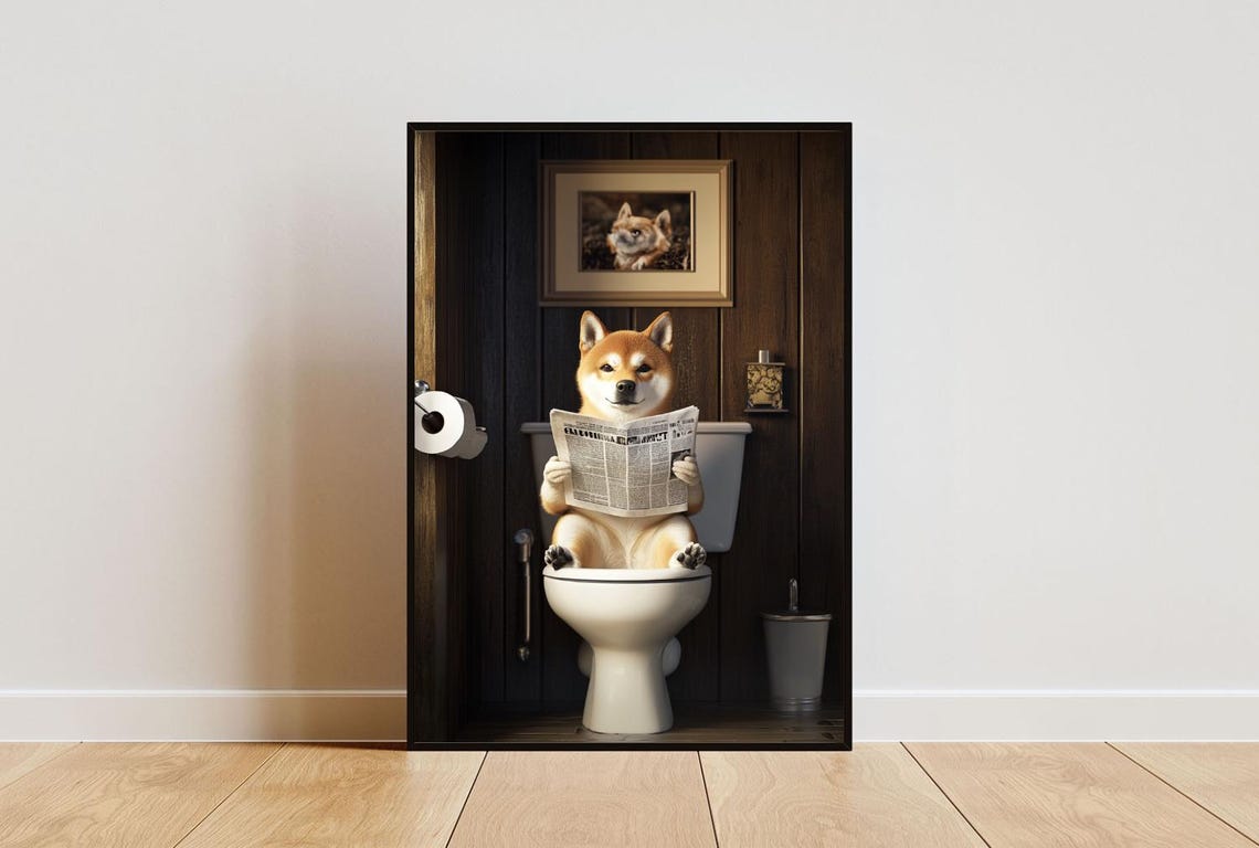 Akita On Toilet Dog Bathroom Art Print