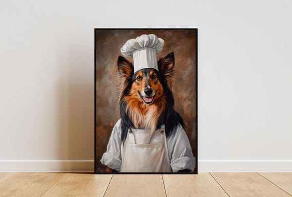 Collie In Chefs Hat Poster Pet Poster Collie In Apron Print Funny Dog Wall Art Collie Portrait Dog Kitchen Poster Animal Poster