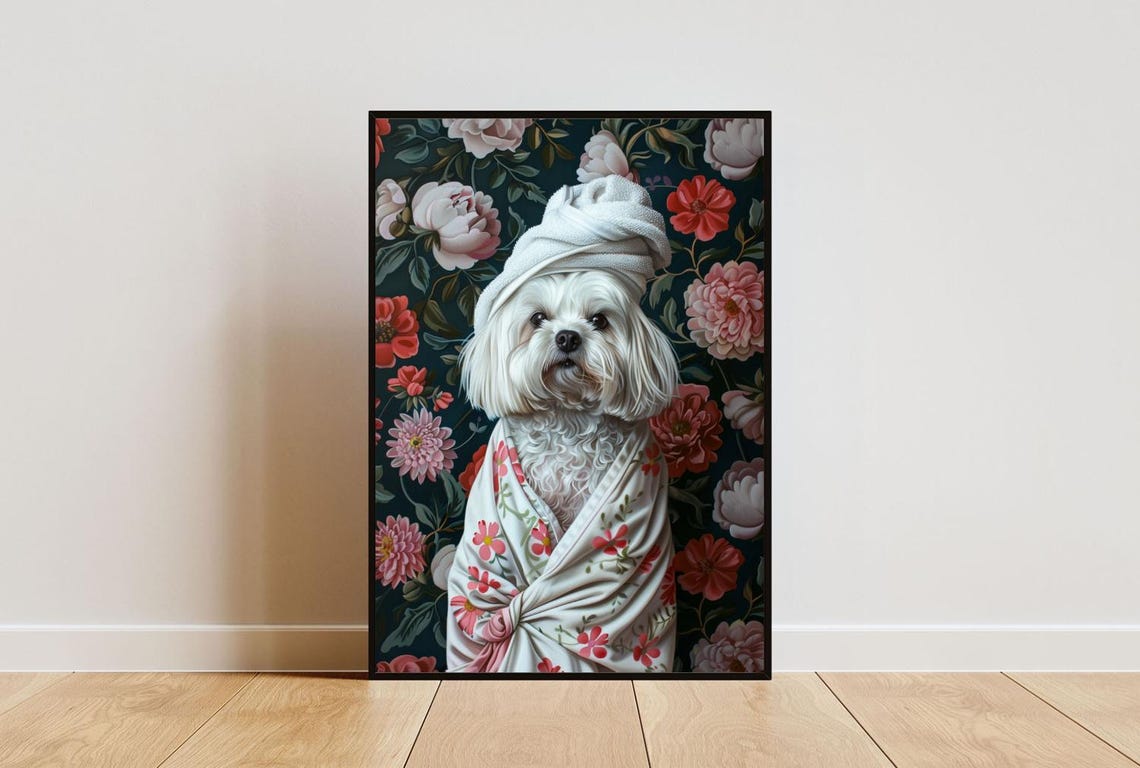 Fluffy White Havanese Dog in Bathrobe Fun Bathroom Spa Day Poster