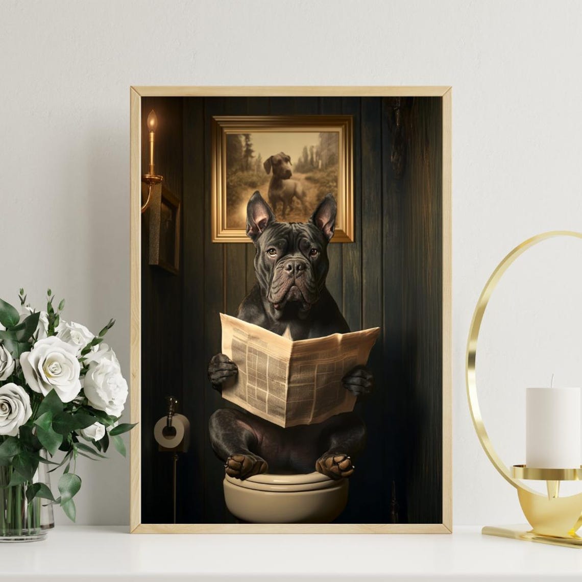 Cane Corso On Toilet Reading Newspaper Funny Bathroom Poster - Image 3