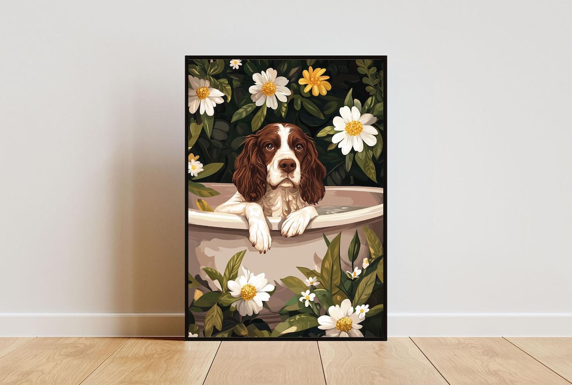 English Springer Spaniel Bath Poster, Funny Dog Art Print