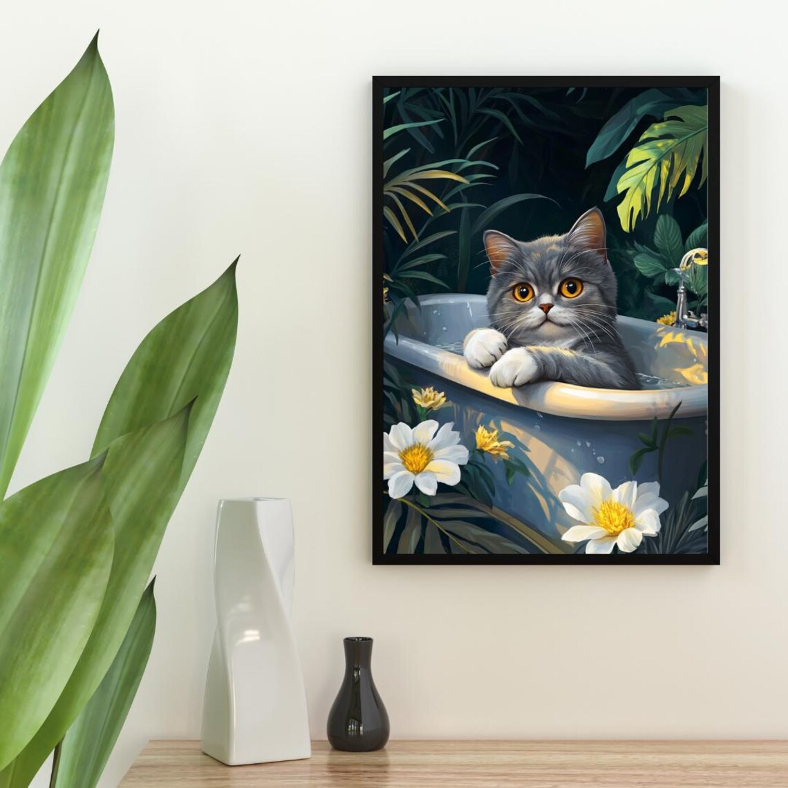 British Shorthair Cat in Bathtub Botanical Bathroom Funny Decor Poster - Image 2