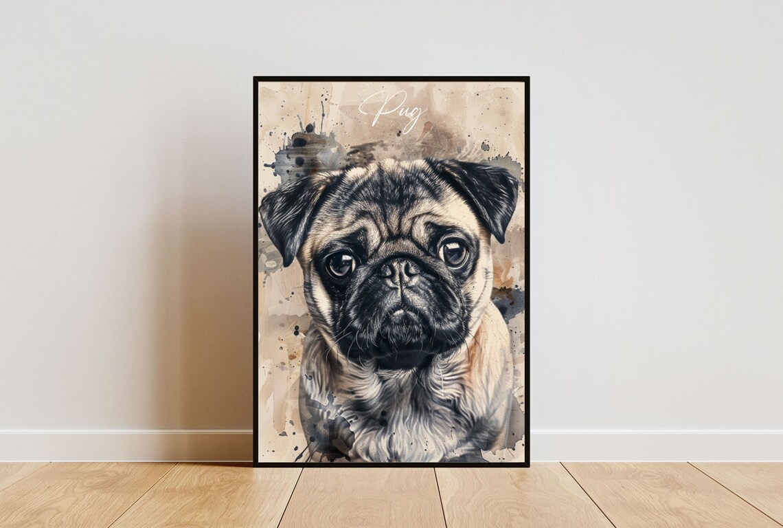Pug Dog Watercolor Portrait Cute Little Pug Puppy Breed Art Poster