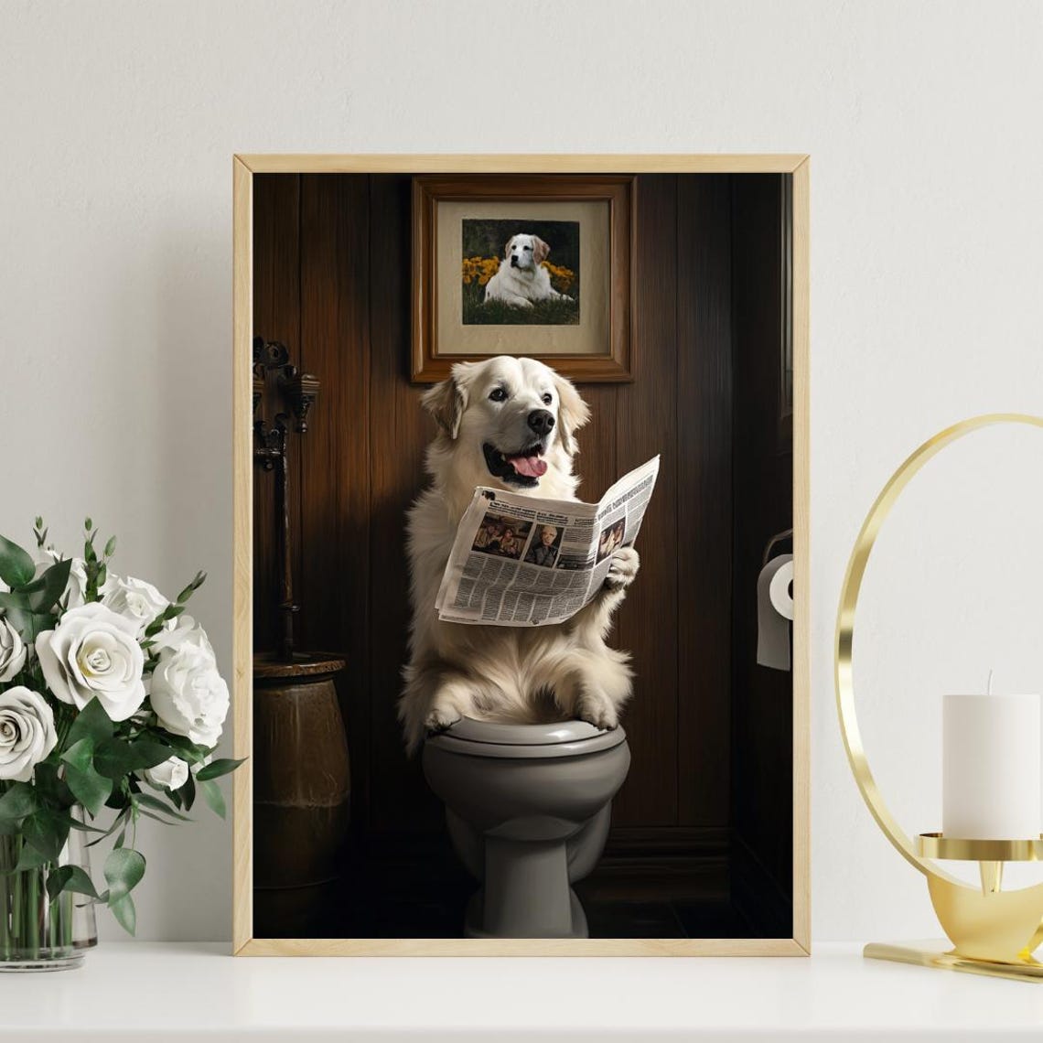 White Anatolian Shepherd on a Toilet Reading a Newspaper Poster - Image 3