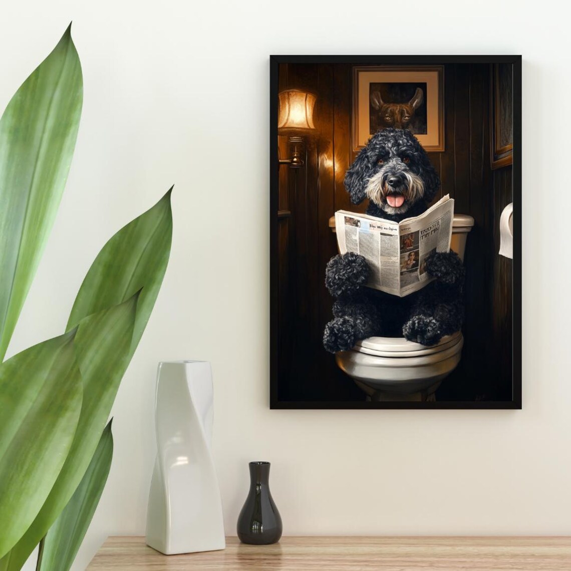Portuguese Water Dog On Toilet Reading Newspaper Bathroom Poster - Image 2