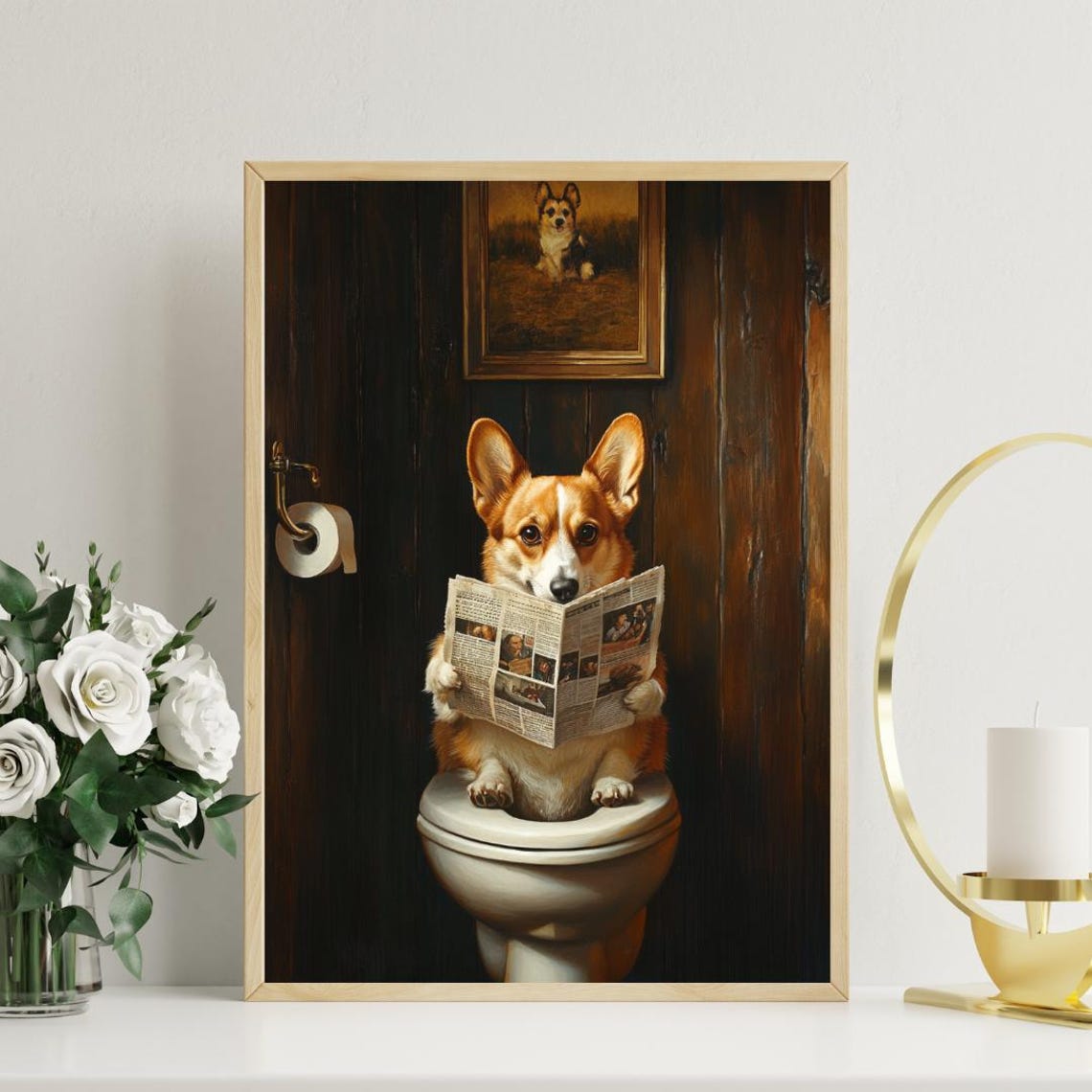 Pembroke Welsh Corgi On Toilet Reading Newspaper Funny Bathroom Poster - Image 3