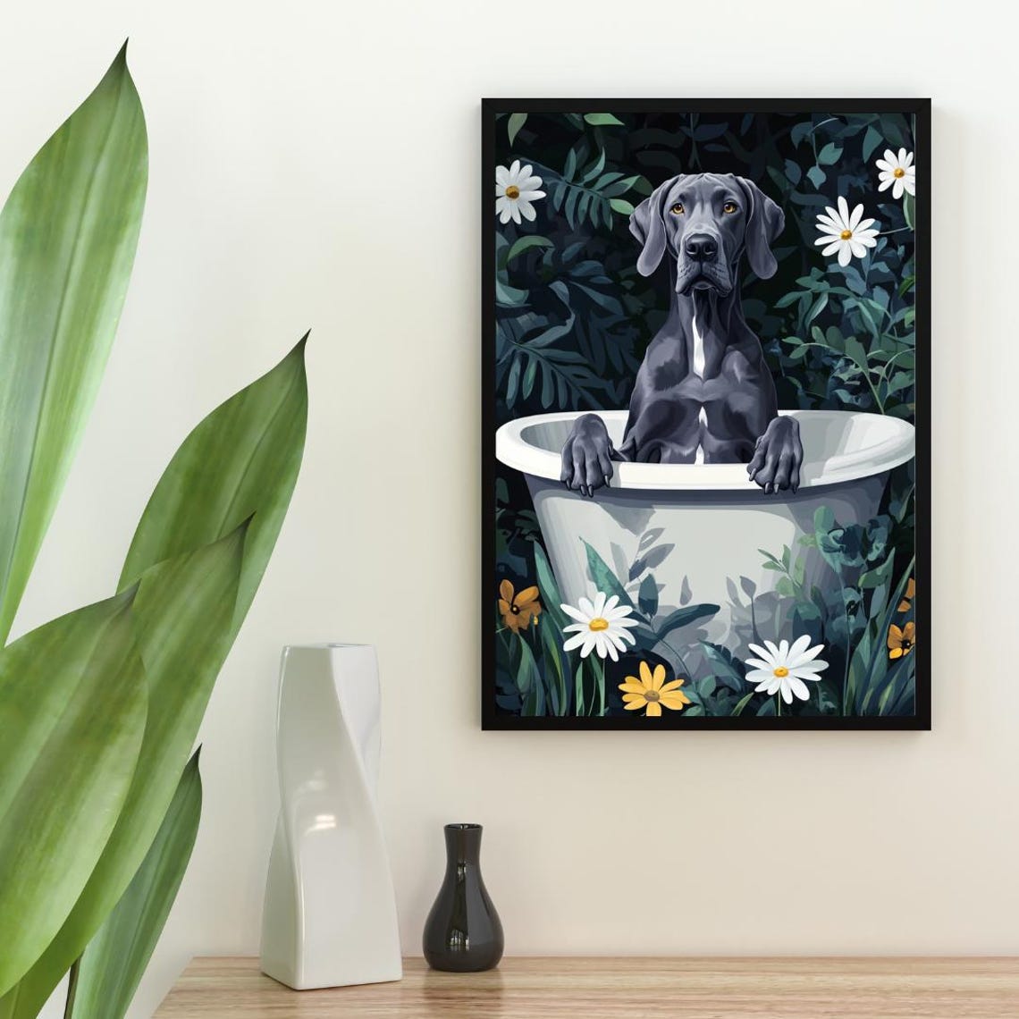 Great Dane in Bathtub Big Gray Dog Bathroom Daisy Floral Art Poster - Image 2