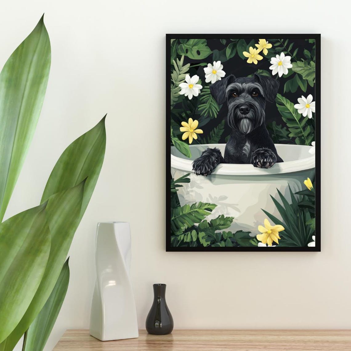 Giant Schnauzer Soaking In A Floral Bathtub Cute Funny Dog Poster - Image 2