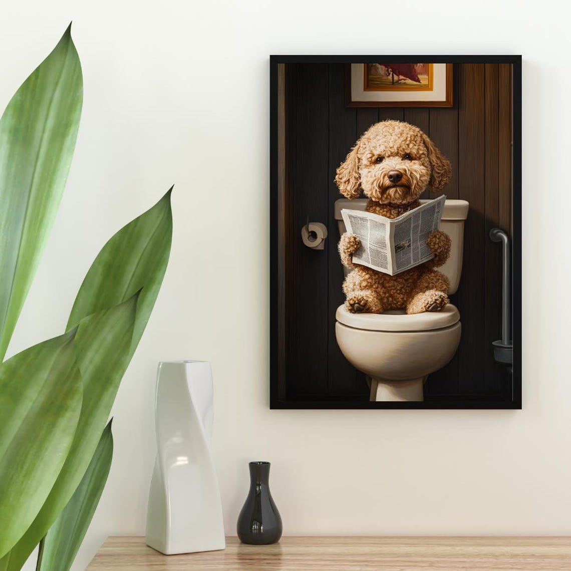 Lagotto Romagnolo on a Toilet Reading a Newspaper in a Bathroom Poster - Image 2