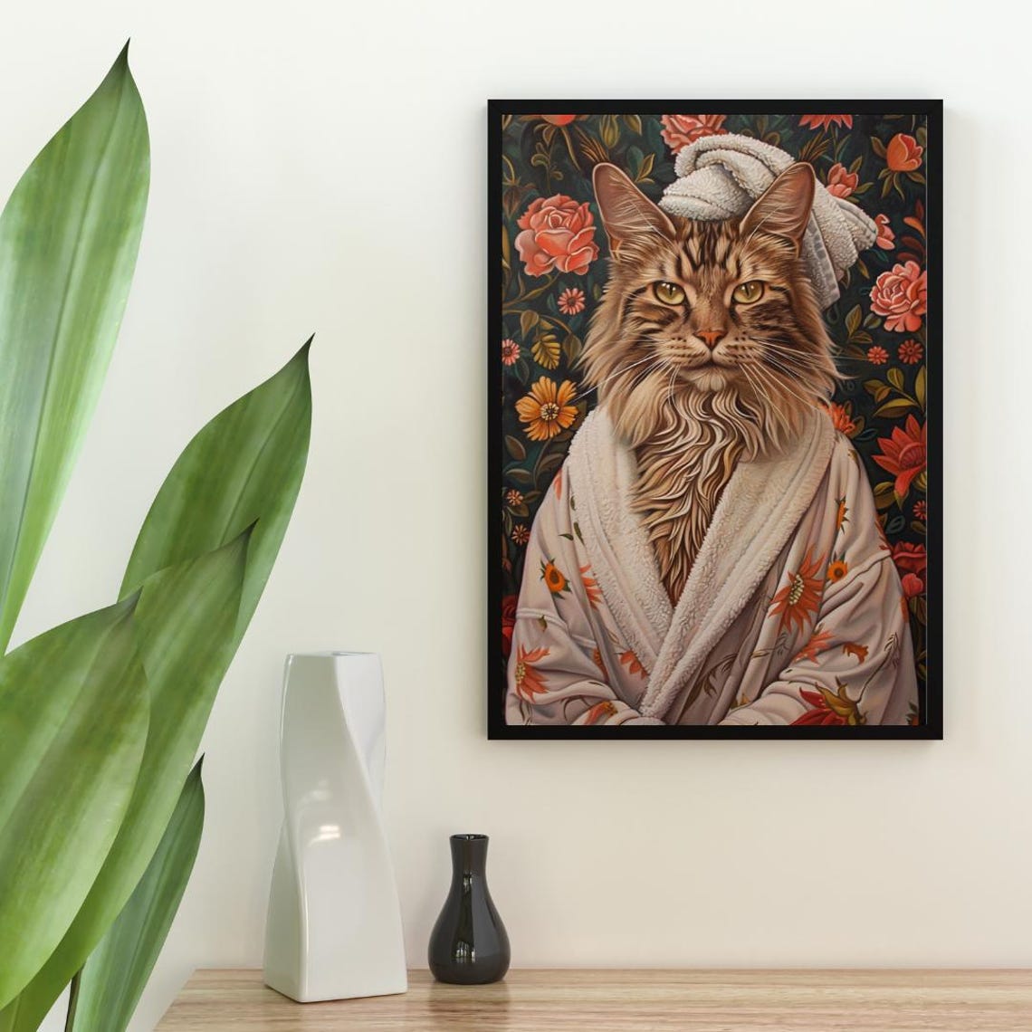 Adorable Maine Coon Cat in Bathrobe Fun Bathroom Spa Day Art Poster - Image 2