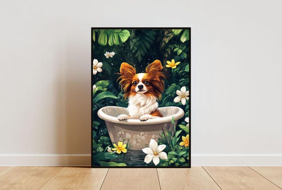 Papillon In Bathtub Poster Funny Dog Poster Papillon Bathroom Print Papillon Bath Poster Pet Poster Dog Bathroom Wall Art Funny Dog