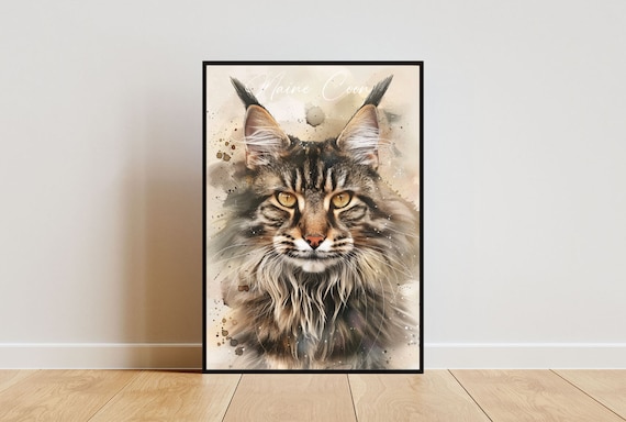 Maine Coon Cat Watercolor Portrait Golden Eyes Fine Art Poster