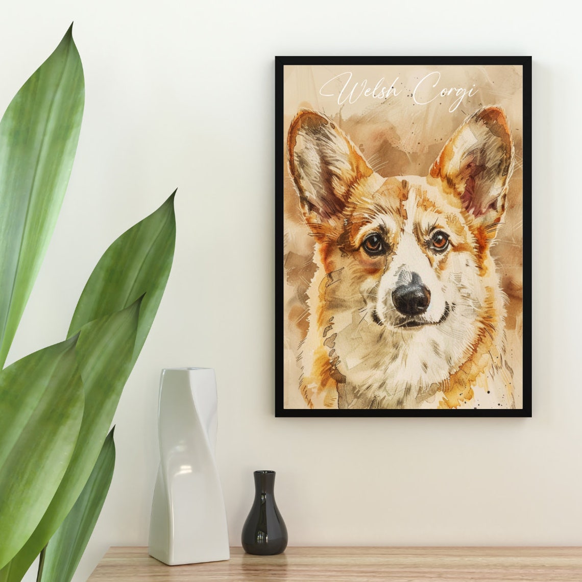 Welsh Corgi Watercolor Dog Breed Portrait Poster Script Name Detail - Image 2
