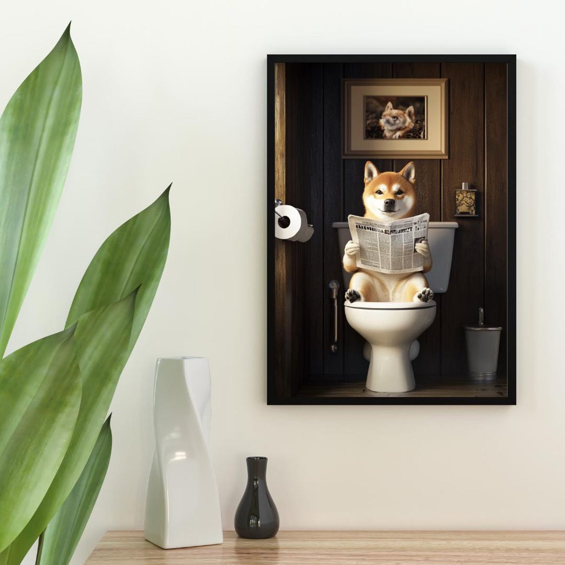 Akita On Toilet Dog Bathroom Art Print - Image 2