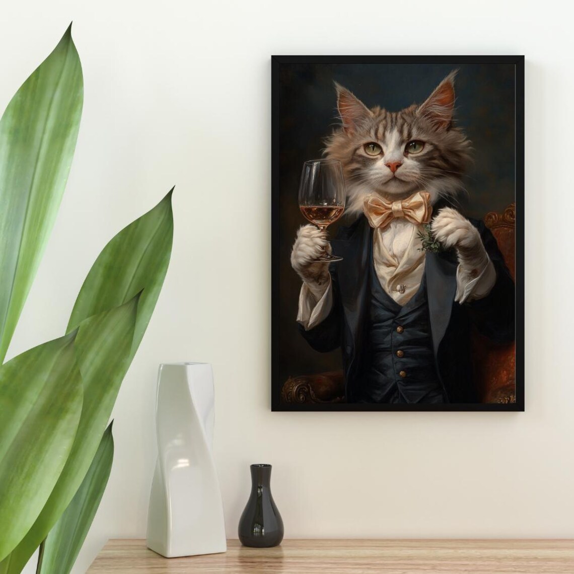 Selkirk Rex In Tuxedo Holding Rose Wine Glass Fluffy Cat Portrait Poster - Image 2