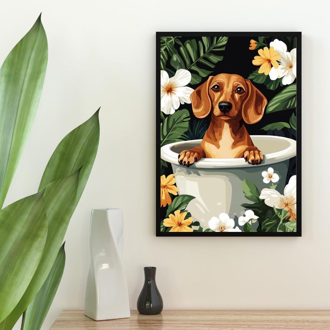 Dachshund in Bathtub Brown Puppy Bathroom Tropical Floral Art Poster - Image 2