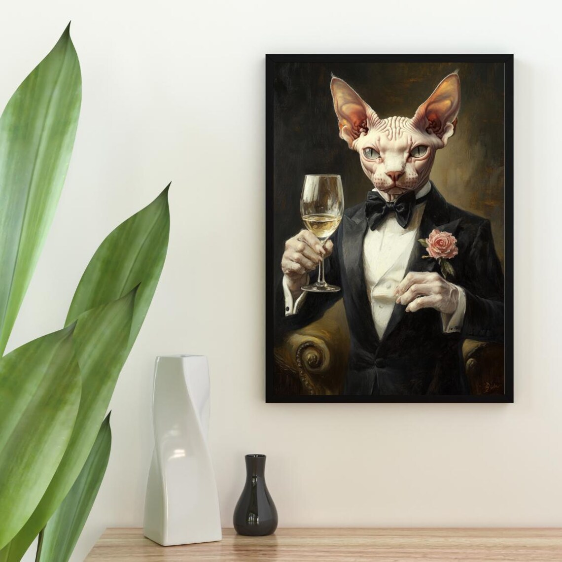 Sphynx Cat In Tuxedo Holding White Wine With Pink Rose Boutonniere Poster - Image 2