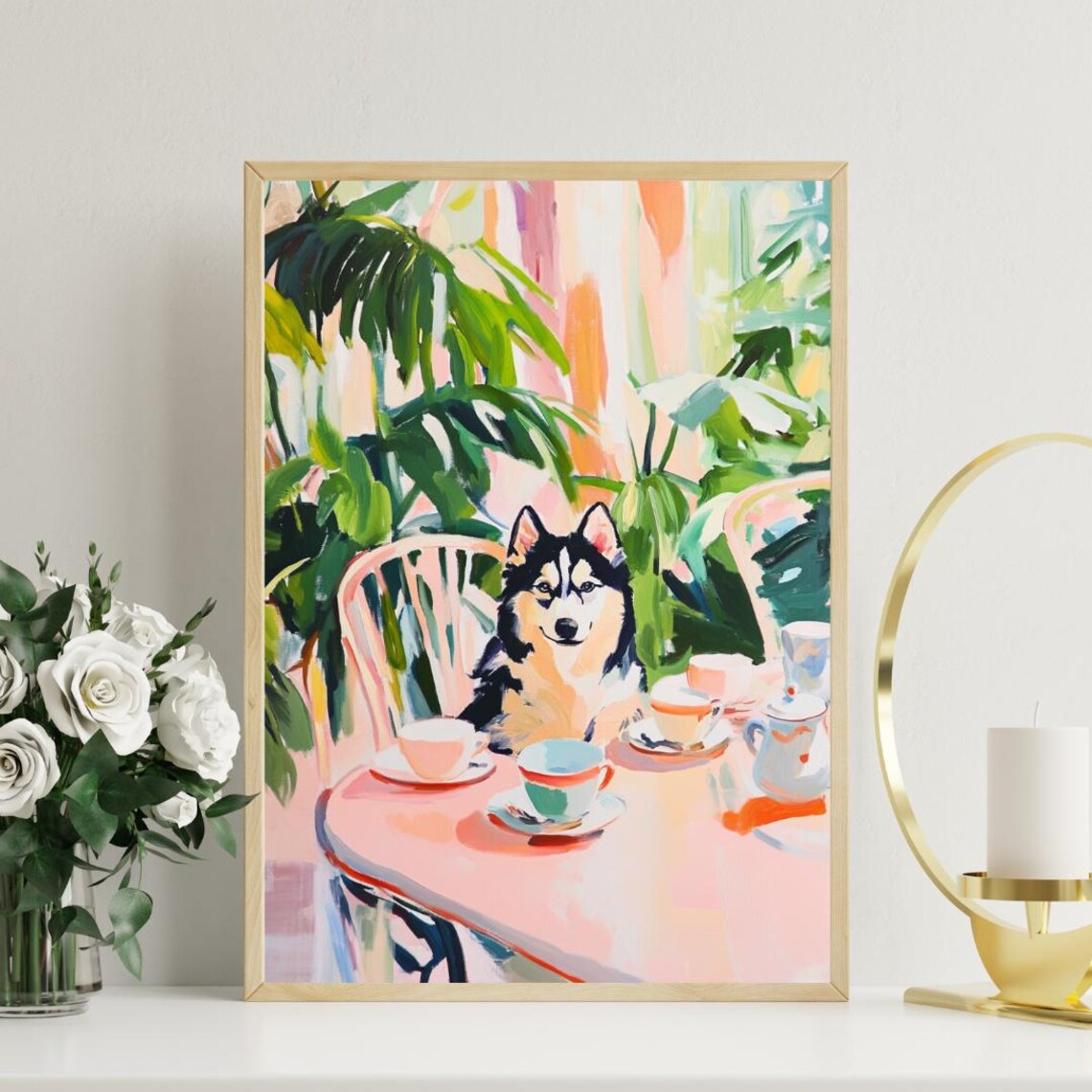 Husky Puppy Tea Party Black White Fluffy Cute Pet Portrait Poster - Image 3