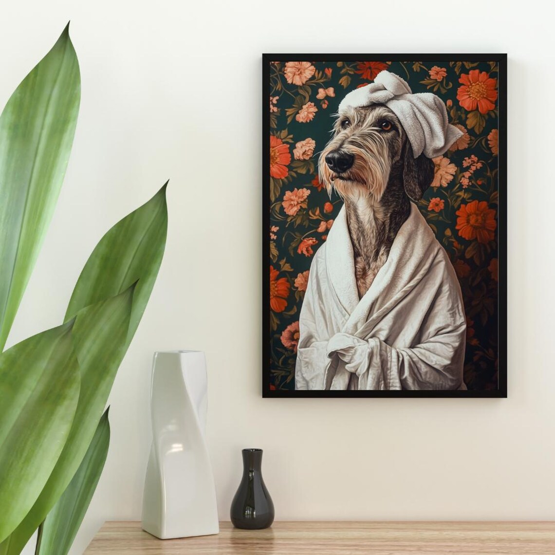 Irish Wolfhound Bathrobe Bathroom Dog Art Print - Image 2