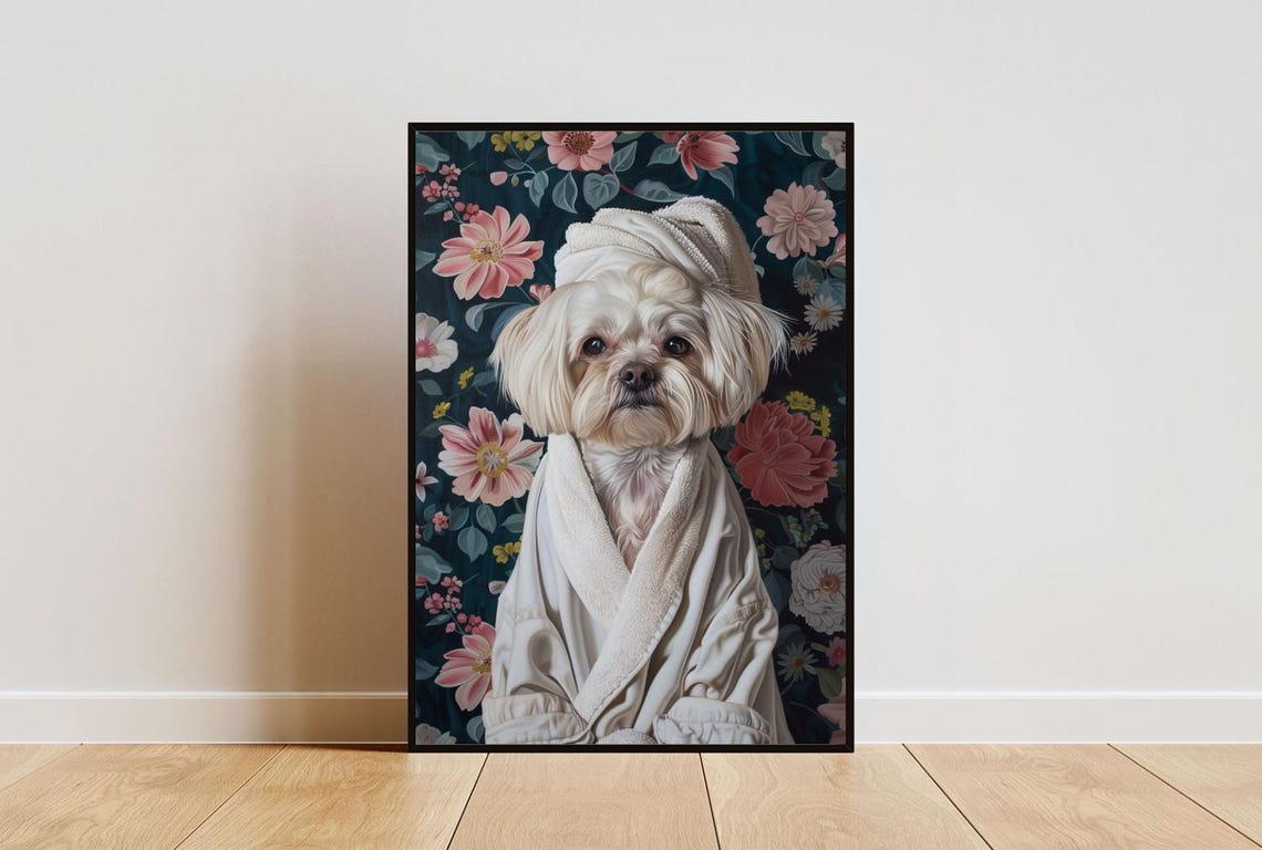 Maltese In Bathrobe Spa Day Portrait Funny Small White Dog Poster