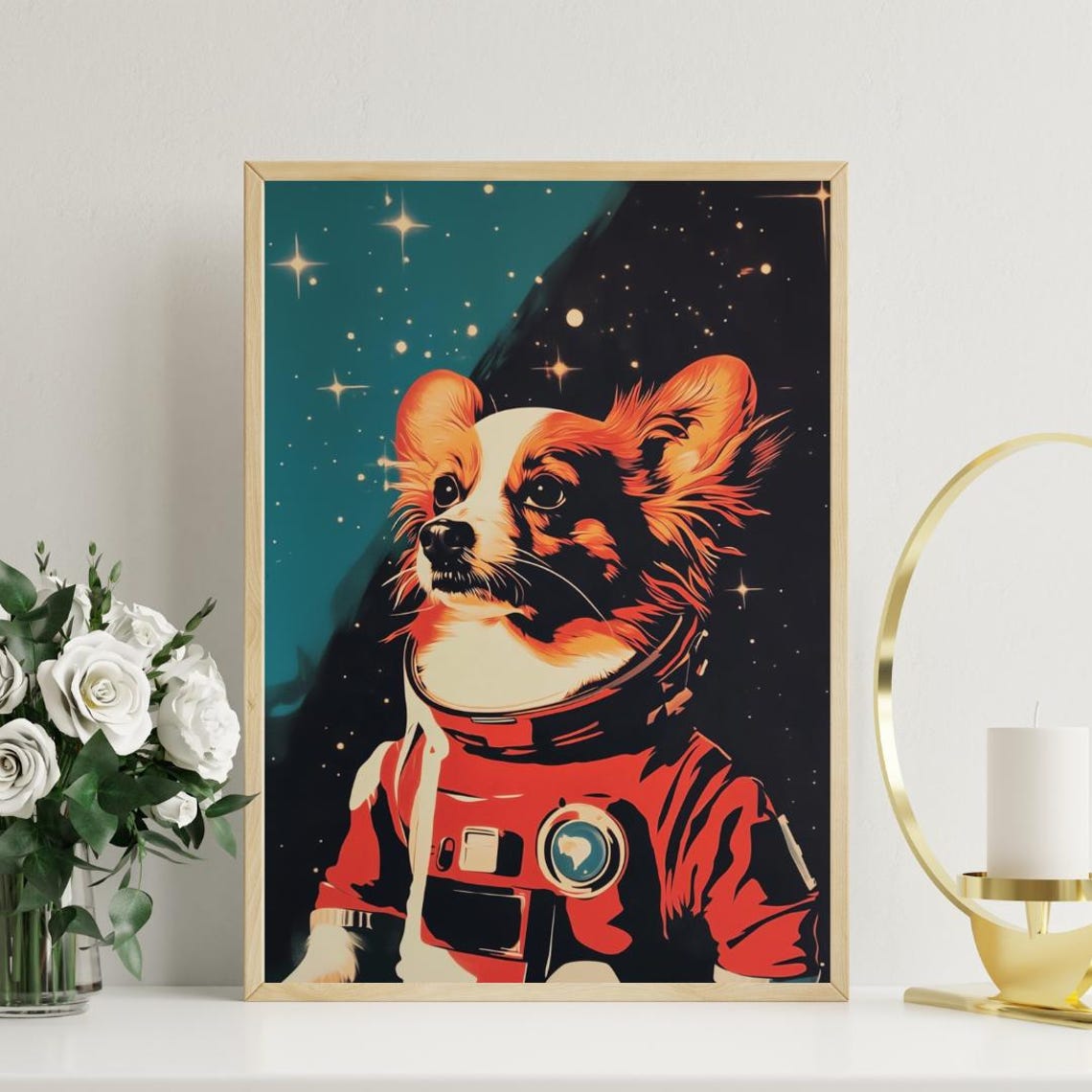 Papillon Astronaut Retro Space Dog Pop Art Portrait Poster Gift - Image 3