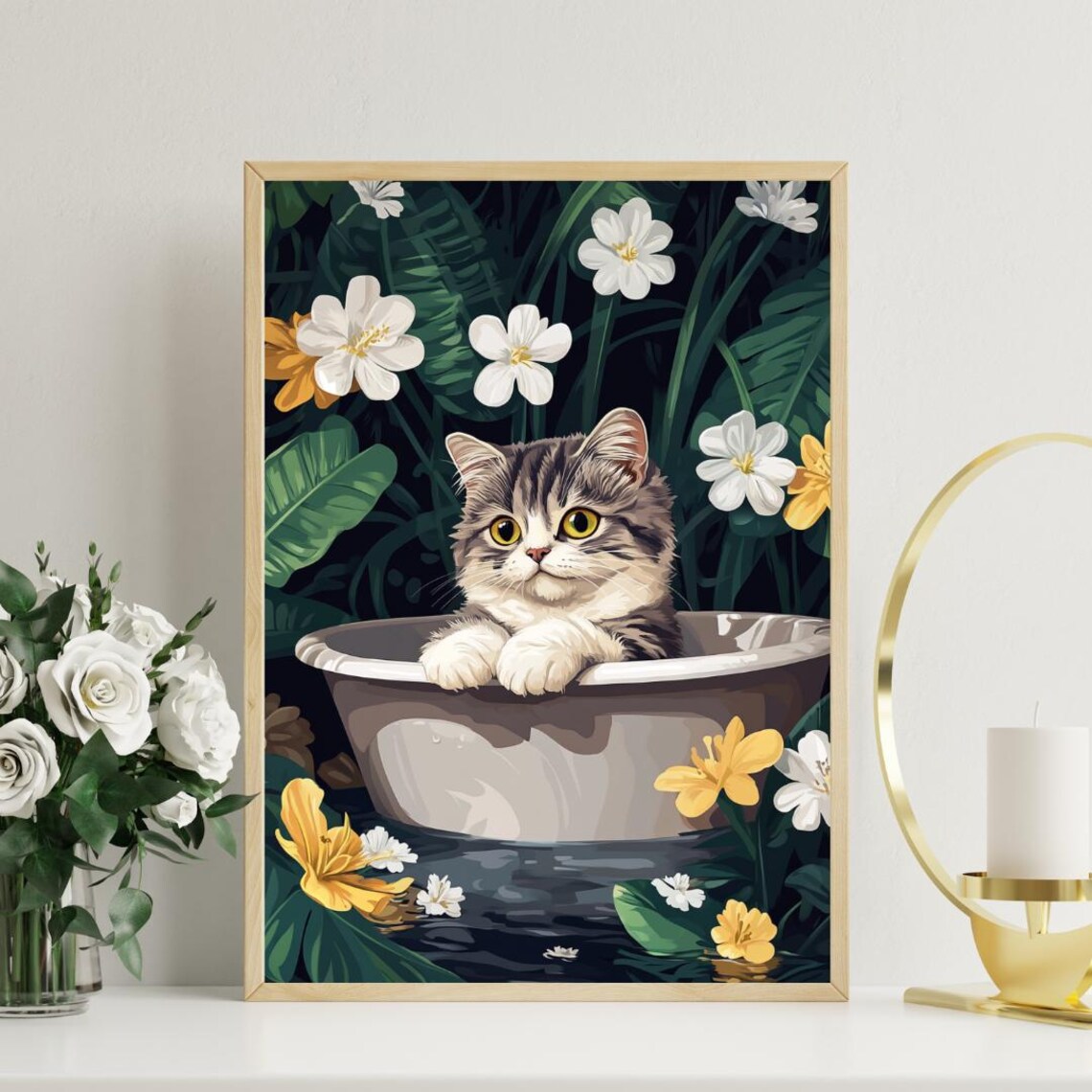 Exotic Shorthair Kitten in Bathtub Botanical Bathroom Funny Decor Poster - Image 3