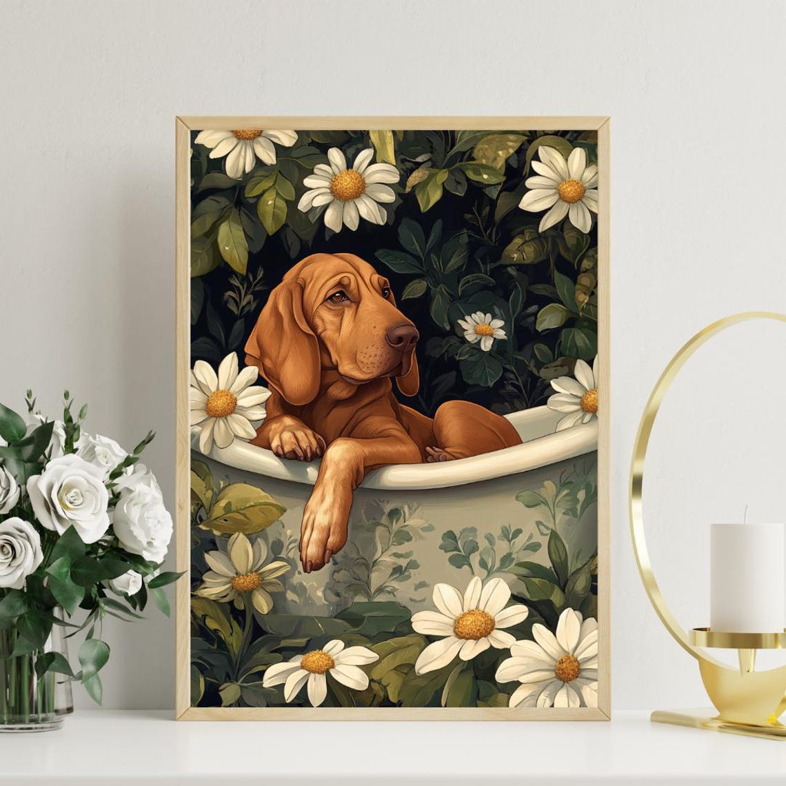 Bloodhound Lounging In A Daisy Filled Bathtub Funny Dog Poster - Image 3