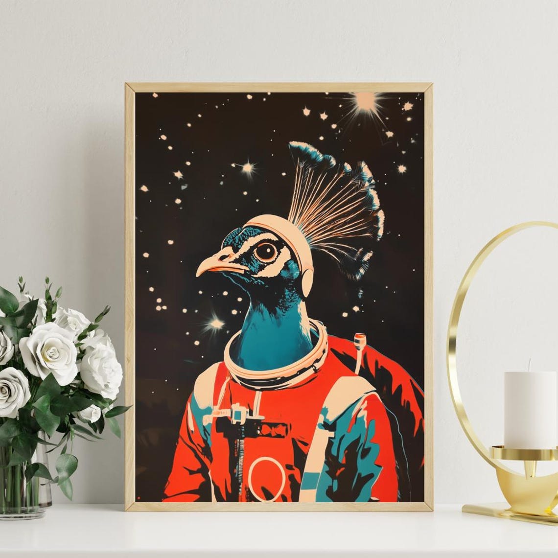 Peacock Astronaut Starry Night Retro Vintage Space Portrait Poster - Image 3