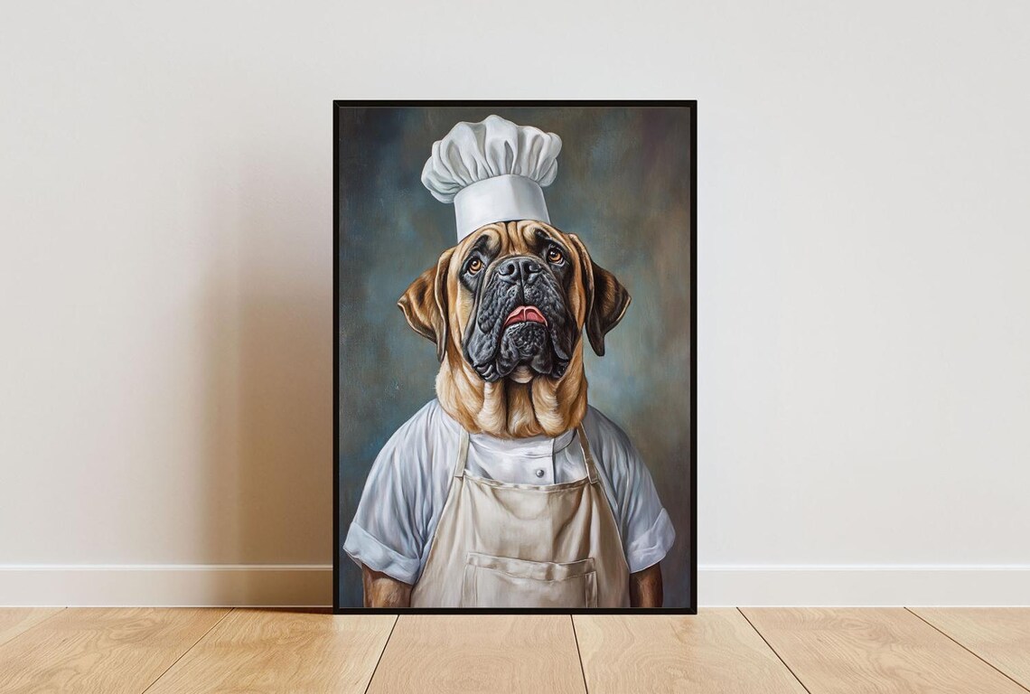 Mastiff Chef Dog Portrait Poster Funny Gentle Giant Kitchen Decor Gift