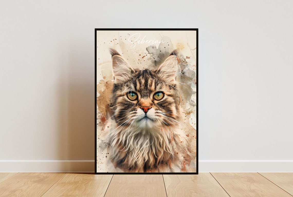 Siberian Cat Watercolor Portrait Fluffy Elegant Fine Art Poster