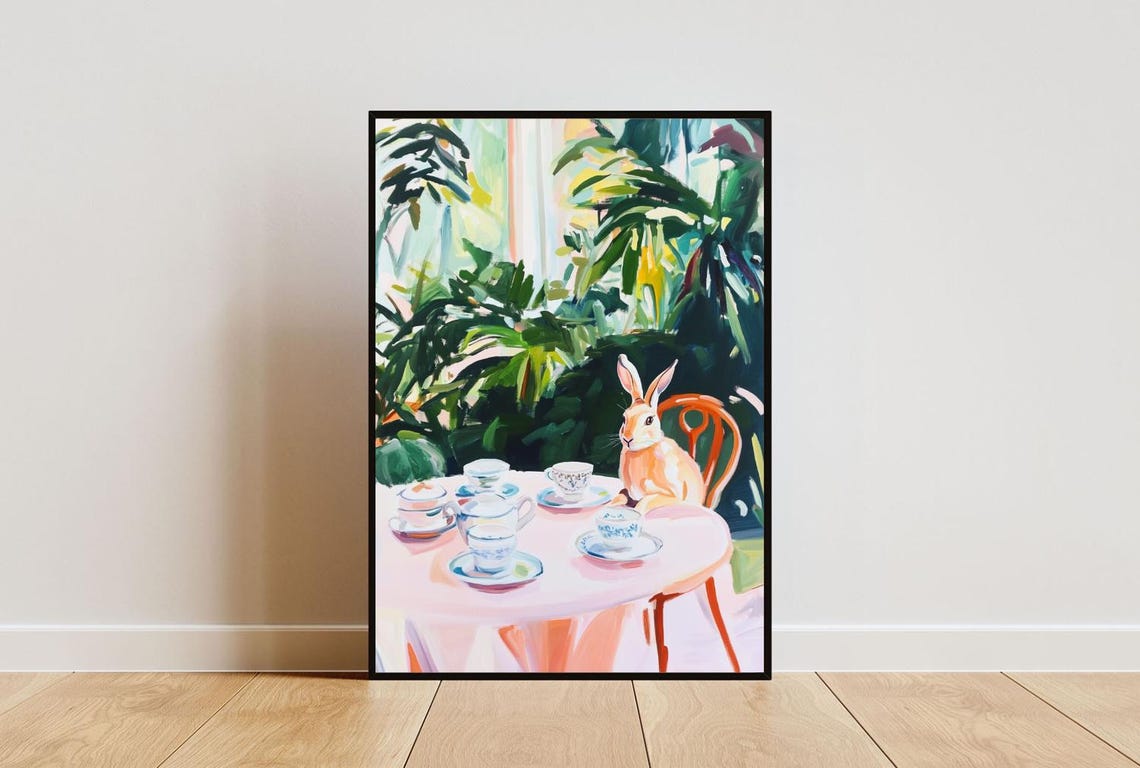 Hare at Tea Table Whimsical Woodland Animal Painting Portrait Poster