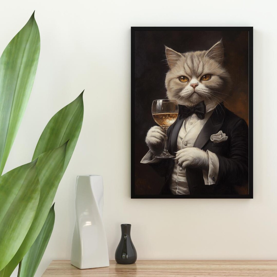 Exotic Shorthair Cat In Tuxedo Holding White Wine Bow Tie Portrait Poster - Image 2