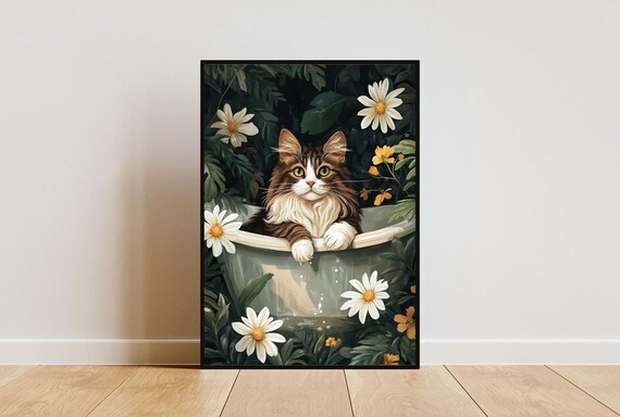 Norwegian Forest Cat Bathtub Daisy Vintage Botanical Art Poster
