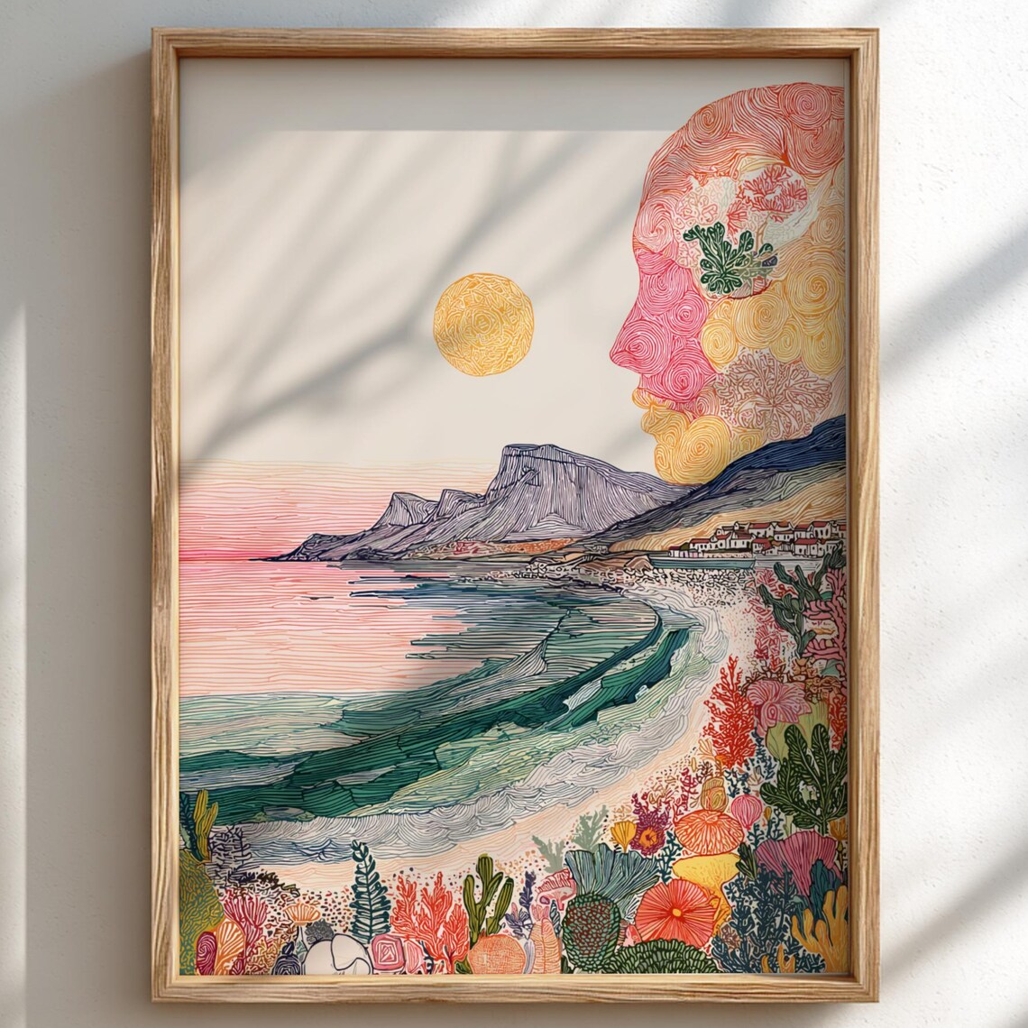 Whispers Of The Tide Pastel Coastal Landscape With Sun Face Art Print