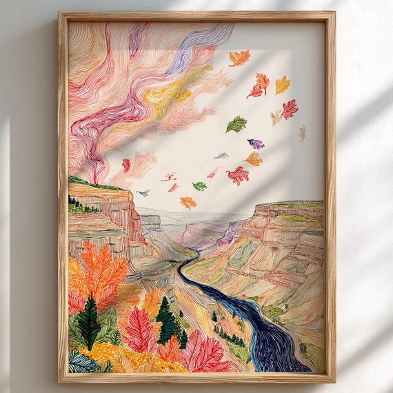 Crimson Depths Pastel Canyon Landscape Art Print Whimsical Nature Wall Decor Poster