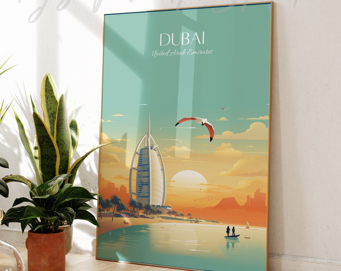 Dubai United Arab Emirates Burj Al Arab Sunset Beach Travel Poster