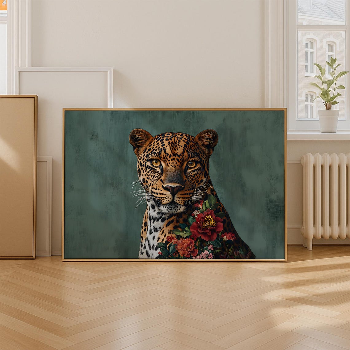 Wide Leopard Portrait With Red Peonies On Moody Teal Art Poster