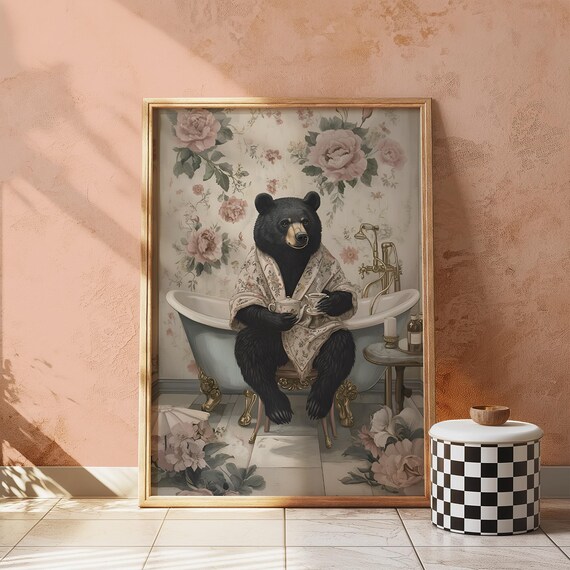 Bathroom Wall Art Bear Decor Funny Prints Vintage Rustic Animal